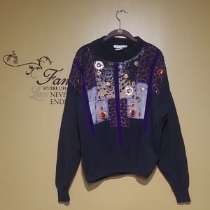 Reve Vintage Black Sweater with Colorful Embellishments